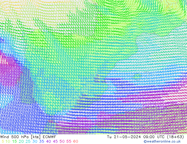 Wind 500 hPa ECMWF Tu 21.05.2024 09 UTC