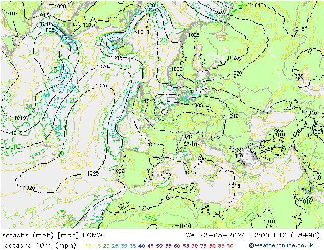 Isotachs (mph) ECMWF We 22.05.2024 12 UTC