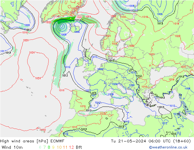 High wind areas ECMWF  21.05.2024 06 UTC