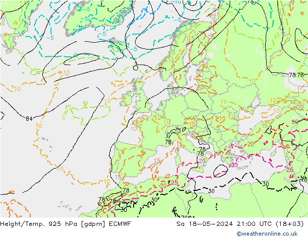 Height/Temp. 925 hPa ECMWF So 18.05.2024 21 UTC