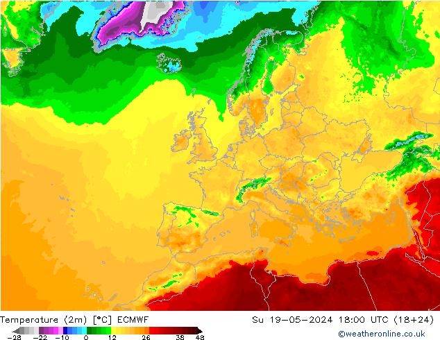 température (2m) ECMWF dim 19.05.2024 18 UTC