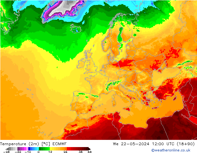 Temperatura (2m) ECMWF Qua 22.05.2024 12 UTC
