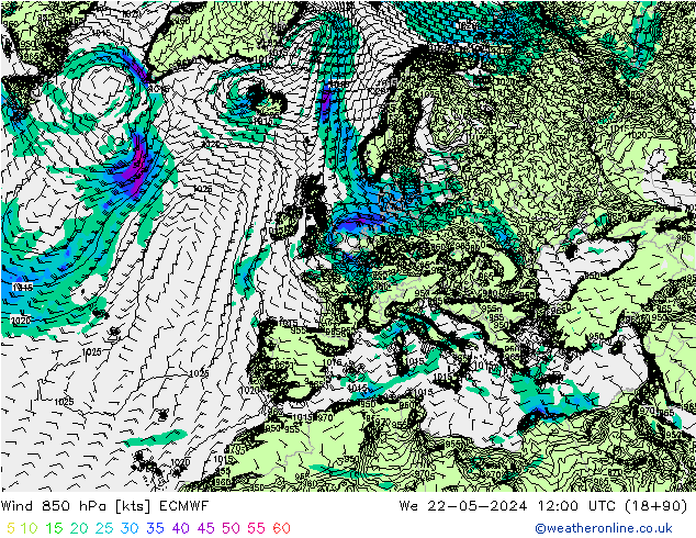 Wind 850 hPa ECMWF We 22.05.2024 12 UTC