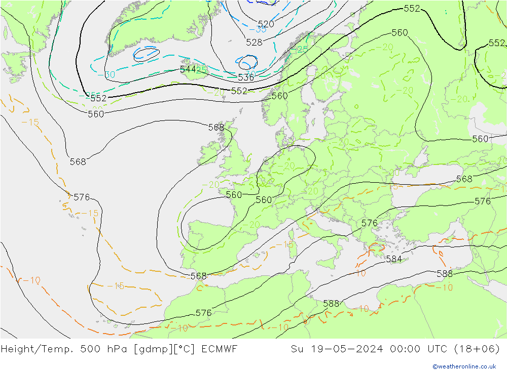Z500/Rain (+SLP)/Z850 ECMWF Dom 19.05.2024 00 UTC