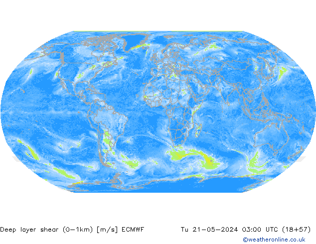 Deep layer shear (0-1km) ECMWF Sa 21.05.2024 03 UTC