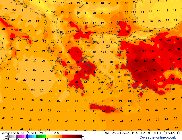 Temperatura (2m) ECMWF mer 22.05.2024 12 UTC