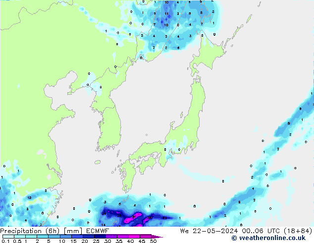 Precipitation (6h) ECMWF We 22.05.2024 06 UTC