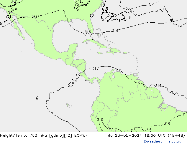 Height/Temp. 700 гПа ECMWF пн 20.05.2024 18 UTC