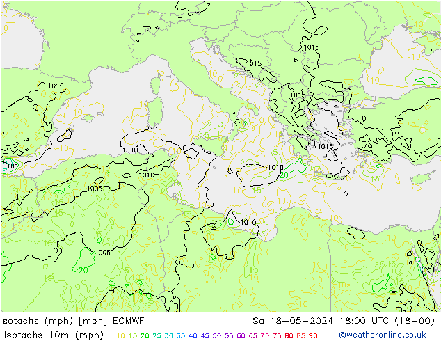 Isotachs (mph) ECMWF сб 18.05.2024 18 UTC