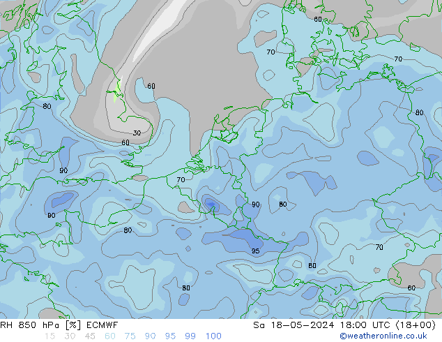 Humidité rel. 850 hPa ECMWF sam 18.05.2024 18 UTC