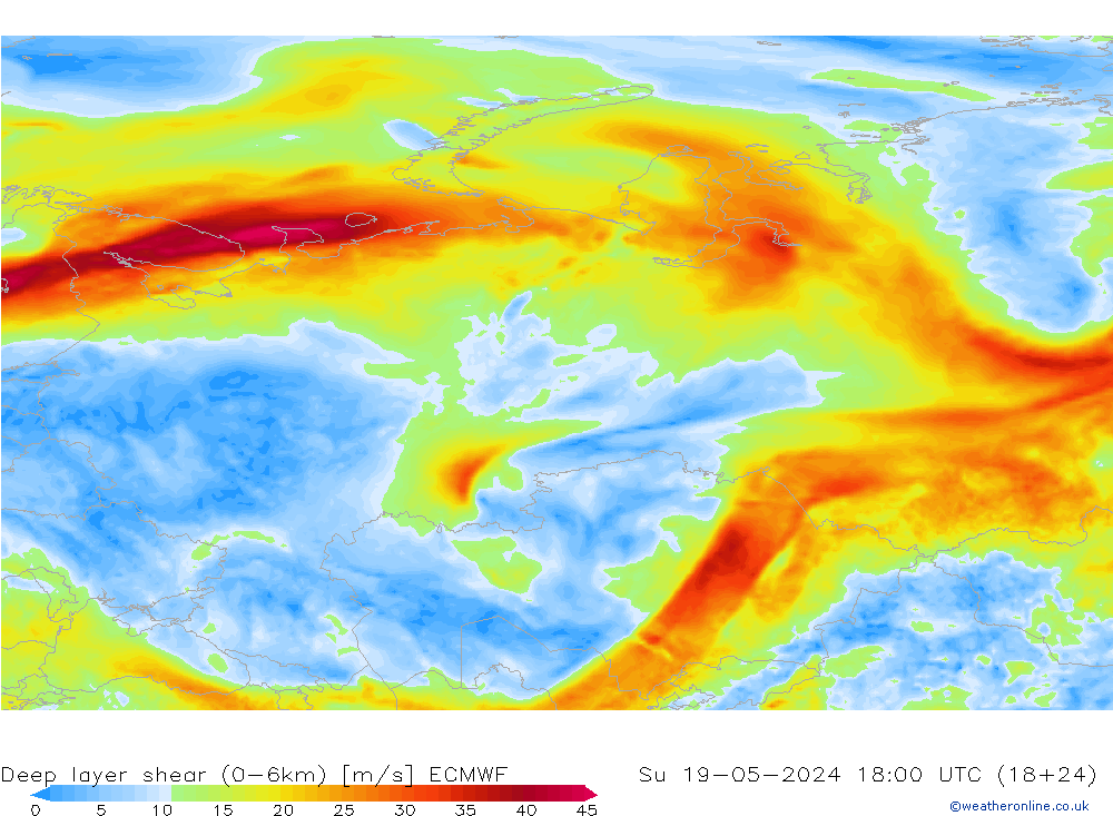 Deep layer shear (0-6km) ECMWF dom 19.05.2024 18 UTC