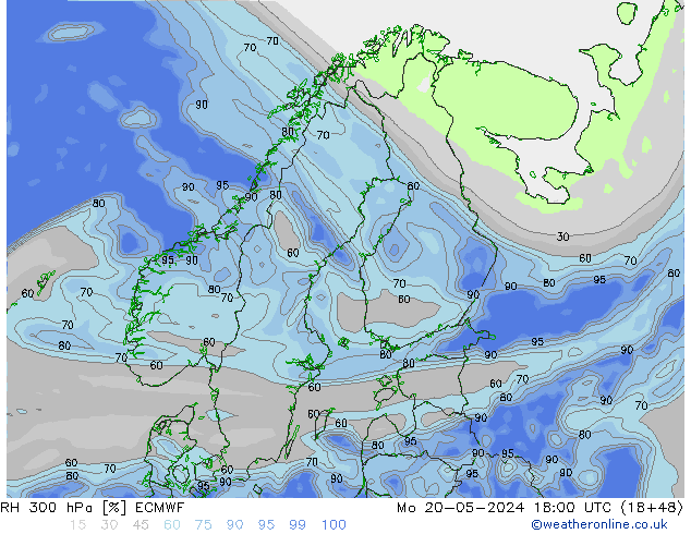 Humidité rel. 300 hPa ECMWF lun 20.05.2024 18 UTC