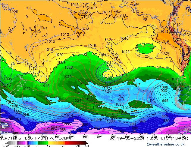 SLP/Temp. 850 hPa ECMWF dim 19.05.2024 18 UTC