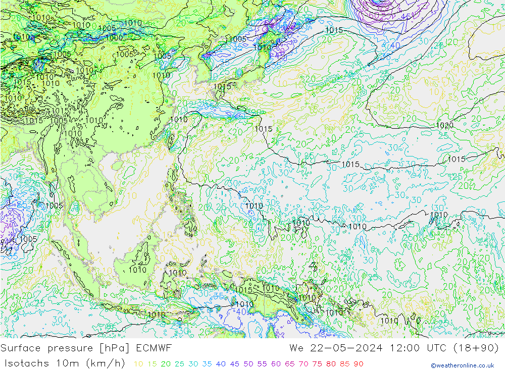 Eşrüzgar Hızları (km/sa) ECMWF Çar 22.05.2024 12 UTC