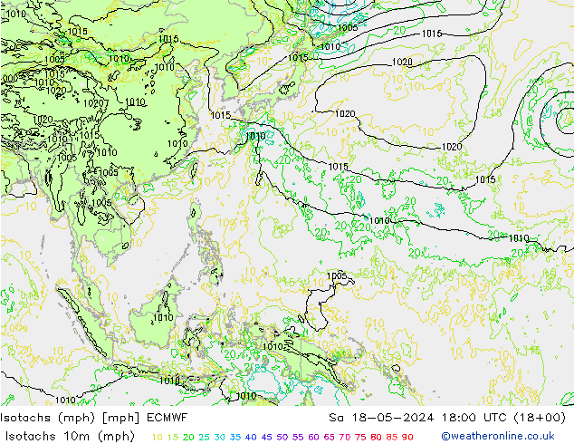 Isotachs (mph) ECMWF sam 18.05.2024 18 UTC