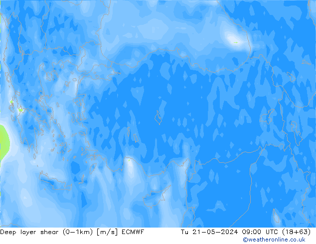 Deep layer shear (0-1km) ECMWF mar 21.05.2024 09 UTC