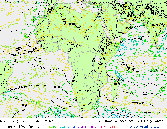 Isotachs (mph) ECMWF mer 29.05.2024 00 UTC