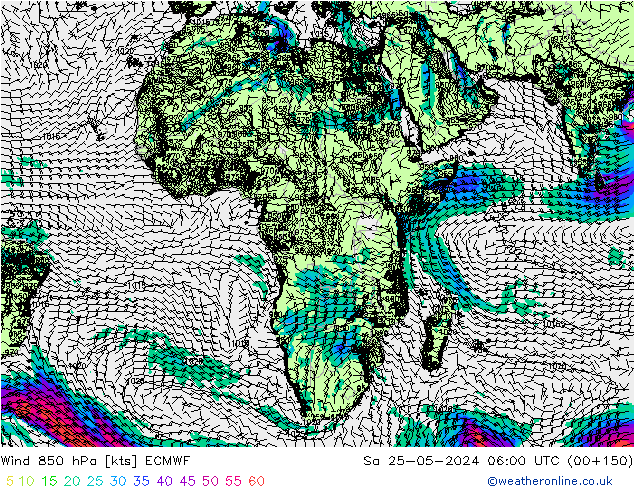wiatr 850 hPa ECMWF so. 25.05.2024 06 UTC