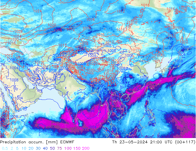Precipitation accum. ECMWF gio 23.05.2024 21 UTC