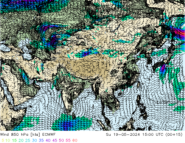 Wind 850 hPa ECMWF zo 19.05.2024 15 UTC
