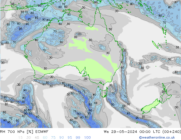 Humidité rel. 700 hPa ECMWF mer 29.05.2024 00 UTC