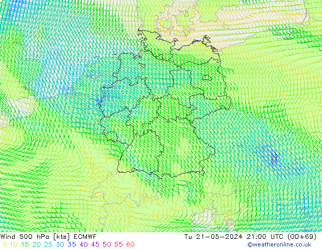 Wind 500 hPa ECMWF Tu 21.05.2024 21 UTC