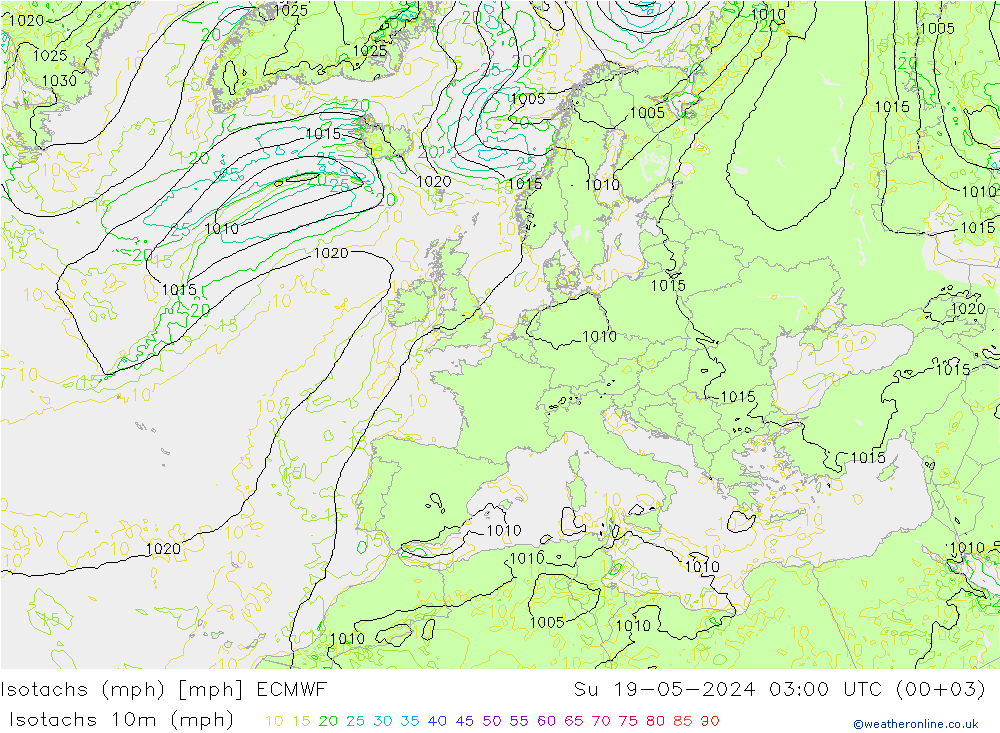 Isotachs (mph) ECMWF  19.05.2024 03 UTC