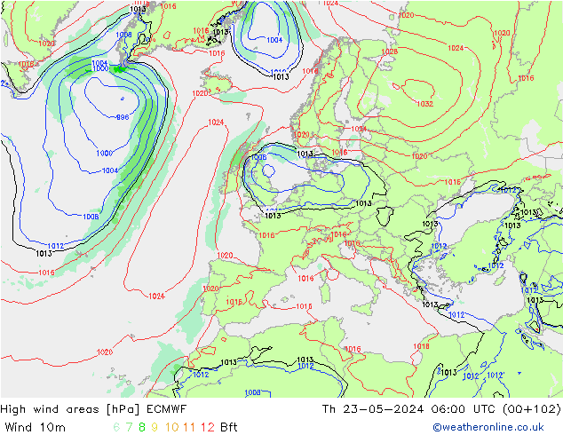 High wind areas ECMWF чт 23.05.2024 06 UTC
