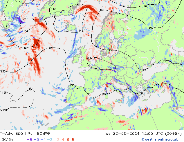 T-Adv. 850 hPa ECMWF Mi 22.05.2024 12 UTC