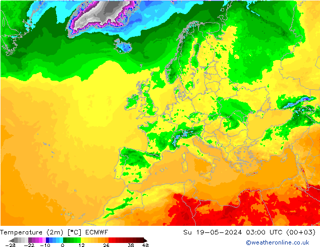 Sıcaklık Haritası (2m) ECMWF Paz 19.05.2024 03 UTC