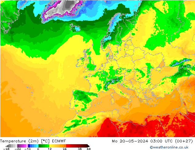 Sıcaklık Haritası (2m) ECMWF Pzt 20.05.2024 03 UTC