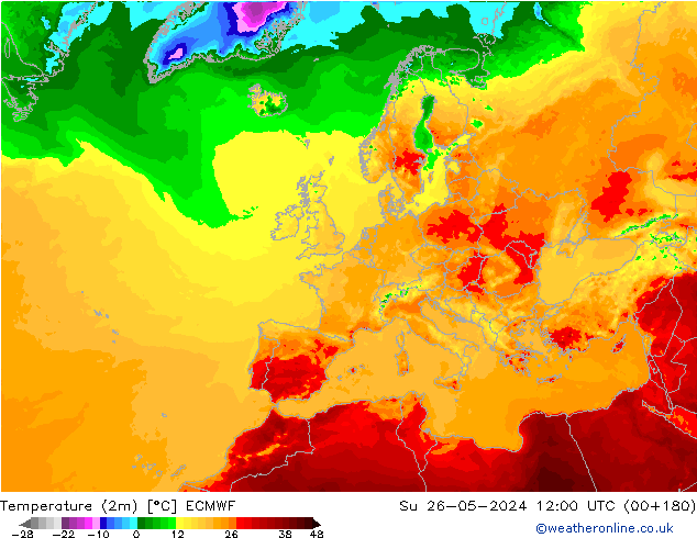 Temperatuurkaart (2m) ECMWF zo 26.05.2024 12 UTC