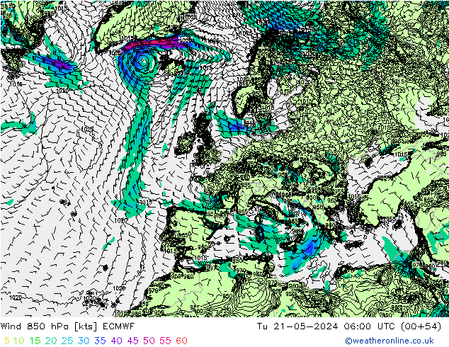 Wind 850 hPa ECMWF Út 21.05.2024 06 UTC