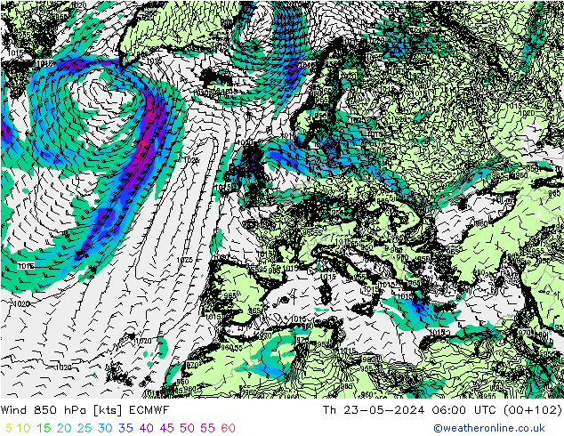 Rüzgar 850 hPa ECMWF Per 23.05.2024 06 UTC