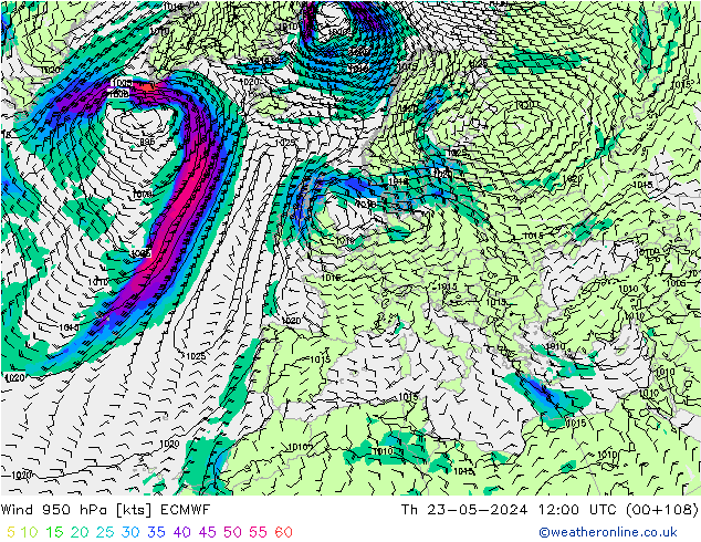 Wind 950 hPa ECMWF Do 23.05.2024 12 UTC