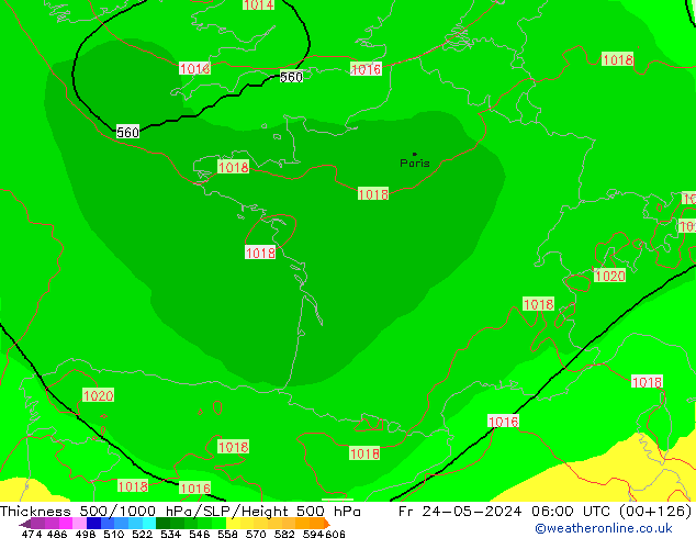 Dikte 500-1000hPa ECMWF vr 24.05.2024 06 UTC