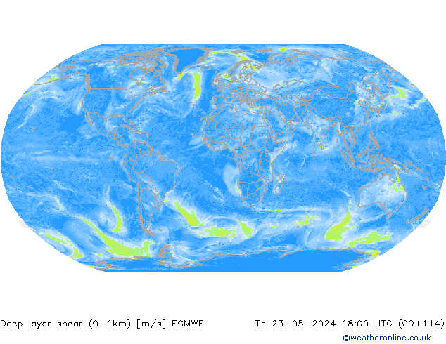 Deep layer shear (0-1km) ECMWF Čt 23.05.2024 18 UTC