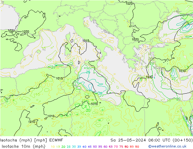 Isotachen (mph) ECMWF Sa 25.05.2024 06 UTC