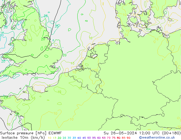 Isotachs (kph) ECMWF dim 26.05.2024 12 UTC