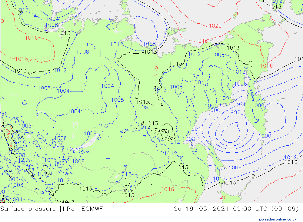 Presión superficial ECMWF dom 19.05.2024 09 UTC