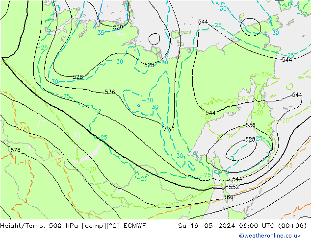 Z500/Rain (+SLP)/Z850 ECMWF Dom 19.05.2024 06 UTC