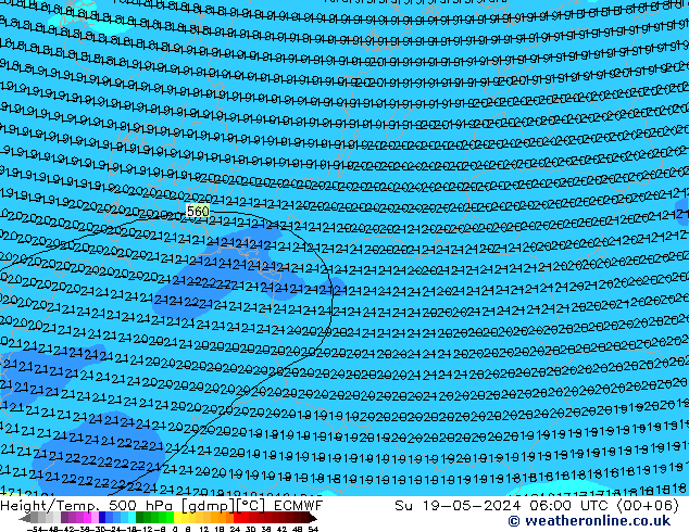 Height/Temp. 500 гПа ECMWF Вс 19.05.2024 06 UTC