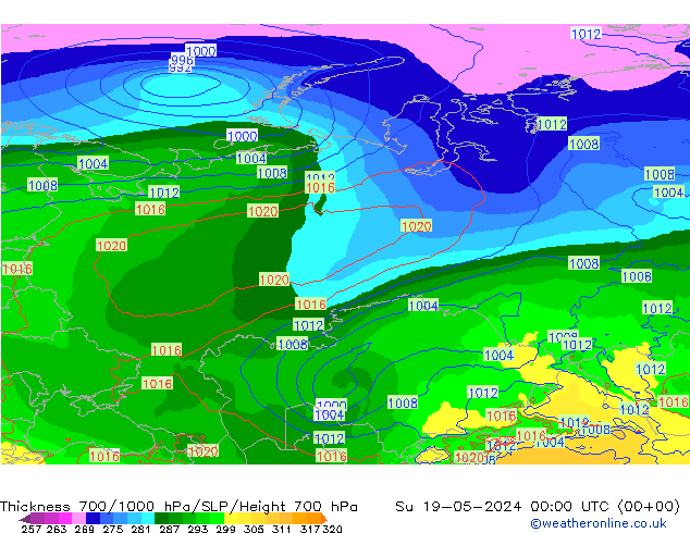Thck 700-1000 hPa ECMWF dim 19.05.2024 00 UTC