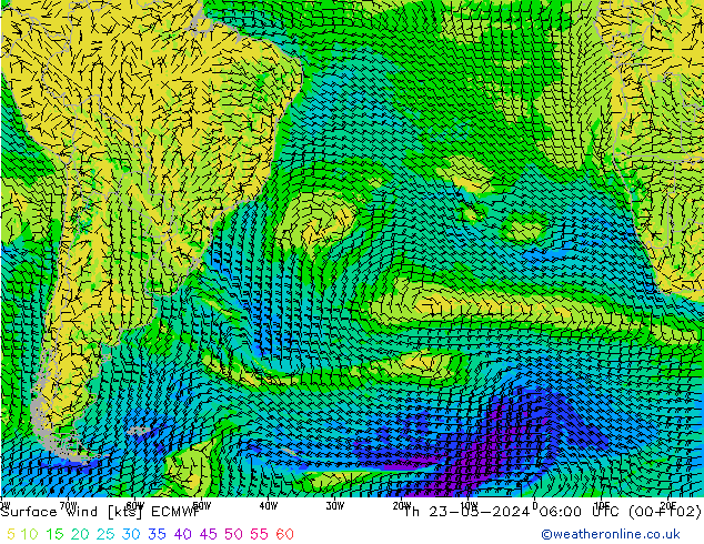 Surface wind ECMWF Čt 23.05.2024 06 UTC