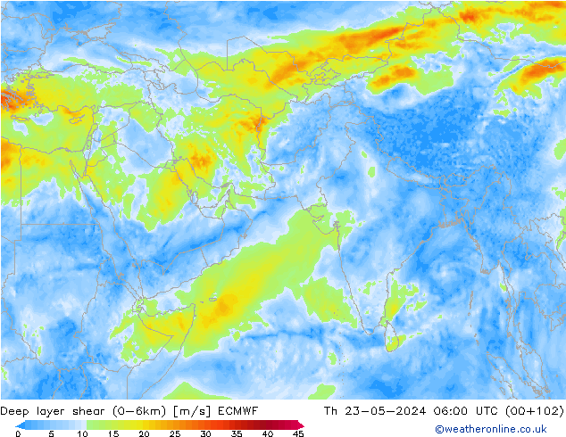 Deep layer shear (0-6km) ECMWF Th 23.05.2024 06 UTC