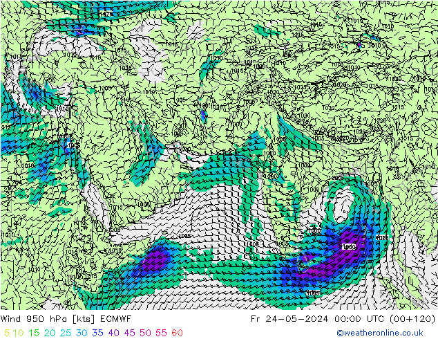 Rüzgar 950 hPa ECMWF Cu 24.05.2024 00 UTC