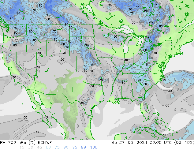 Humidité rel. 700 hPa ECMWF lun 27.05.2024 00 UTC