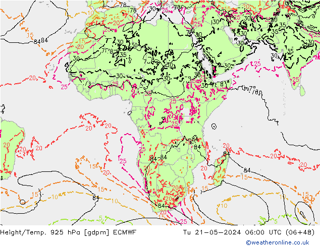 Geop./Temp. 925 hPa ECMWF mar 21.05.2024 06 UTC
