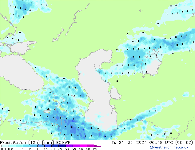 Precipitation (12h) ECMWF Út 21.05.2024 18 UTC