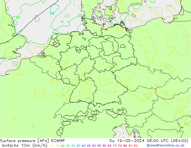 Isotachen (km/h) ECMWF zo 19.05.2024 06 UTC